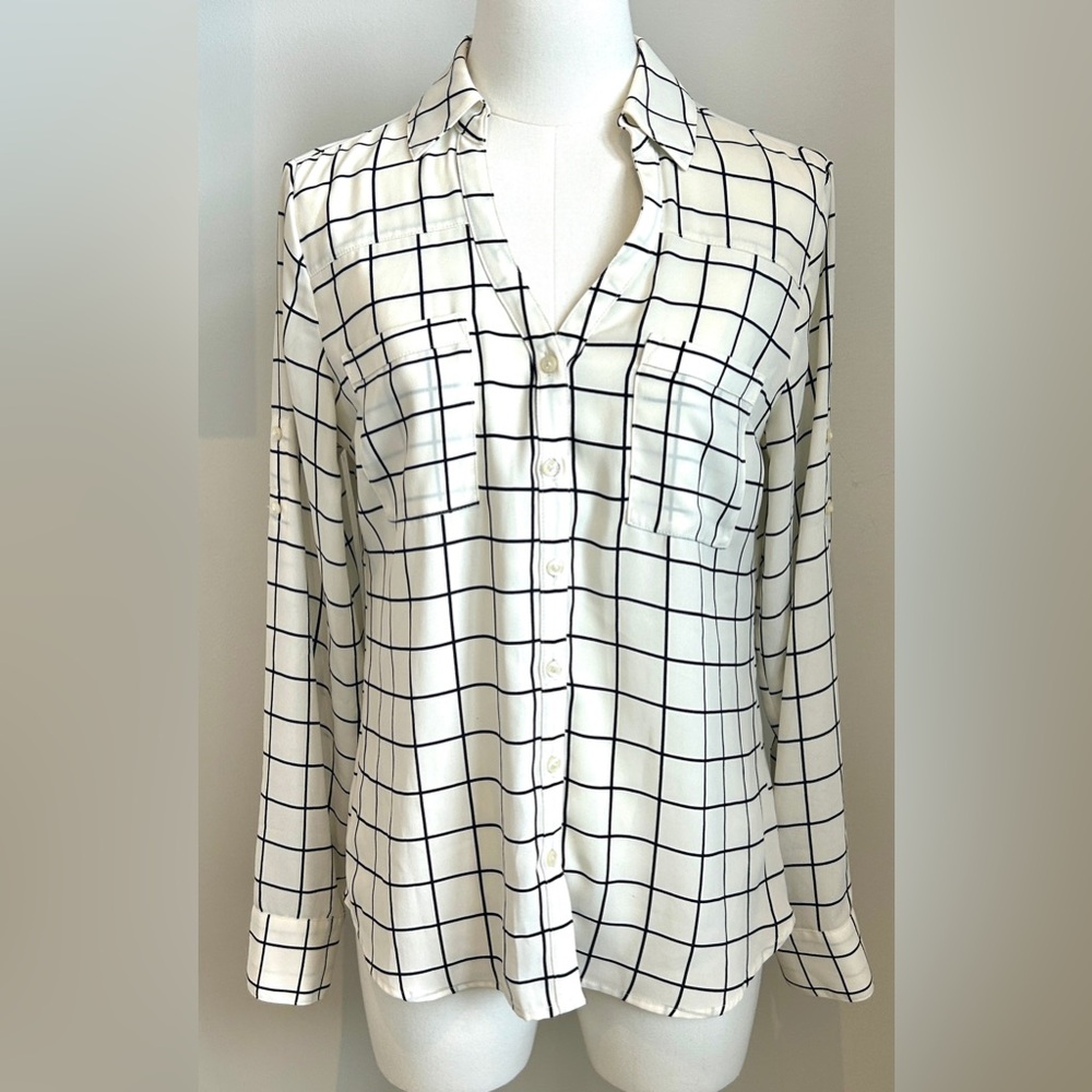 Express Portofino Shirt XS White Black Grid Button Down Blouse